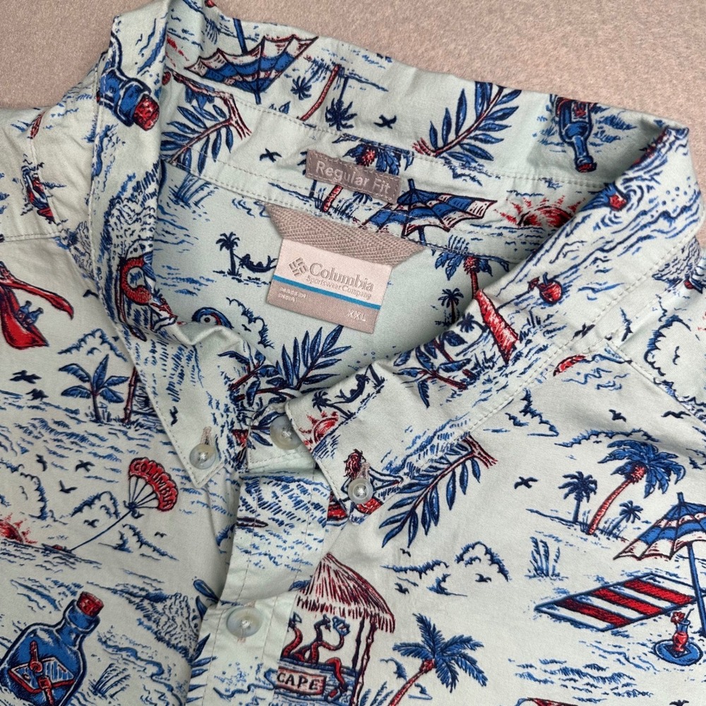 Columbia Button Up Shirt Mens XXL Light Blue Tropical Parrot Pelican AM0094